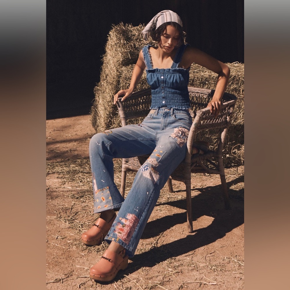 Anthropologie Embroidered Patchwork Blue Denim Jeans